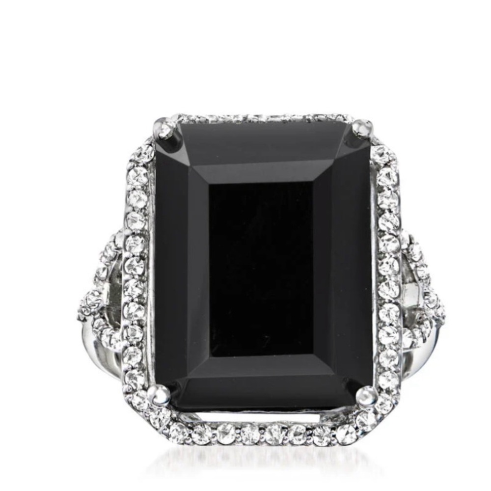 Art Deco Inspired Statement Ring Onyx, white topaz sterling silver